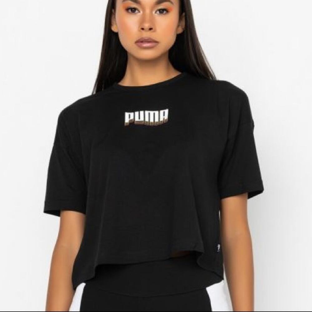 Puma Rebel NWT Black Logo Cropped T-Shirt. Relaxed Fit. Cotton. Women’s XS